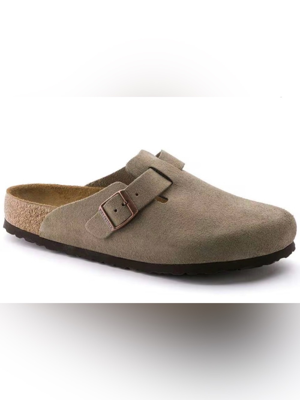 woman Suede Slip-On Clog with Buckle - Taupe